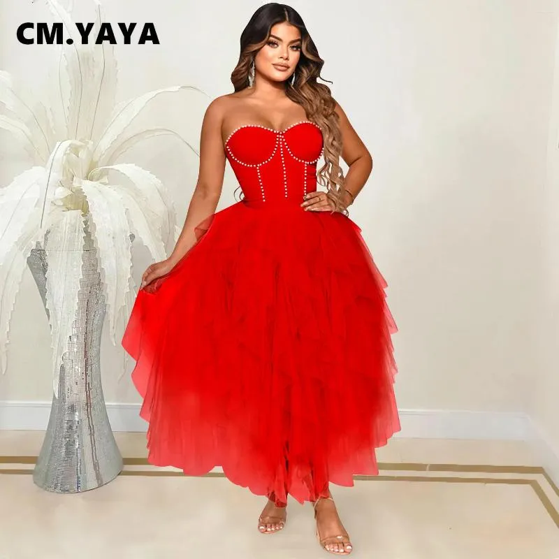 Casual Dresses CM. Women Sexy Party Maxi For 2024 Diamonds Rhinestones Strapless Big Swing Mesh Cascading Ruffles Long Dress