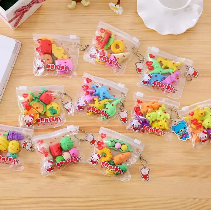 Erasers 40 bag/lot Animal Fruit Vegetable zipper bag Eraser Cute Writing Drawing Rubber Pencil Eraser Stationery Gifts School Supplies