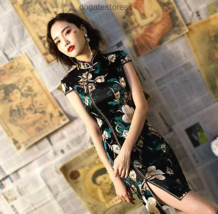 Moden Vintage Black Cheongsam Dress Woman tradizionale Abiti cinesi Classico costume obliquo Summer Party Summer Vestido6422232