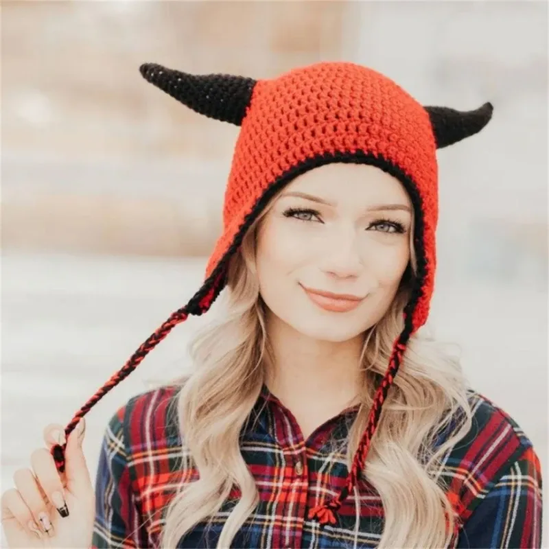 DHgate.com:Y2K Devil Horn Knitted Beanie: Earflap Cap for