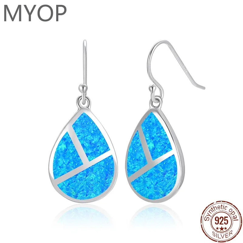 Earrings MYOP 925 Sterling Silver Long Earrings For Women Cute Blue White Fire Opal Pyriform Earrings Simple Female Drop Earrings