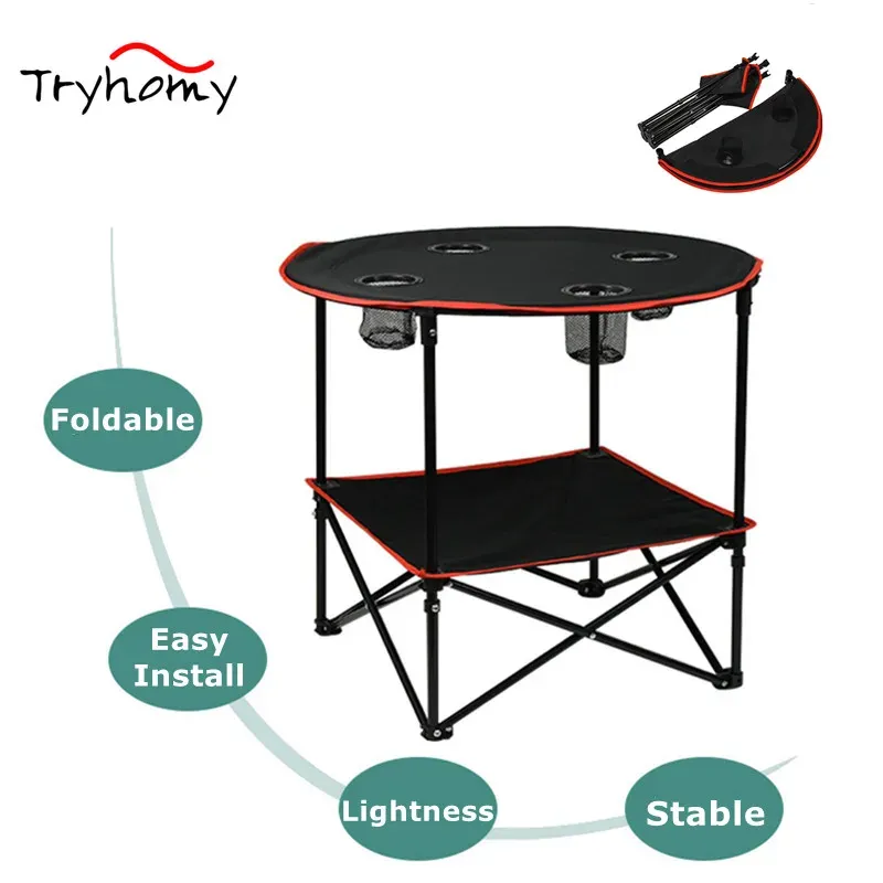 Furnishings 72 Cm Round Camping Folding Table Lightweight Canvas Picnic Side Desk with 4 Cup Holders Carry Bag Portable Outdoor Beach Table