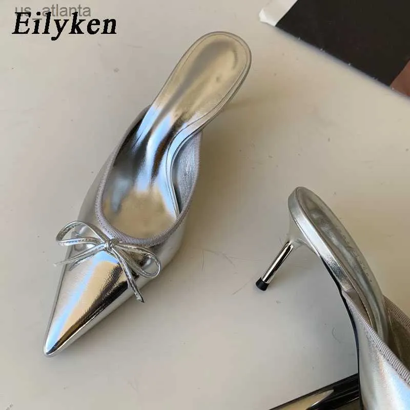 Klänningskor 2024 Silver Butterfly-Knot Pointed Toe Women Tisters Fashion Elegant Party Low Heels Sandaler H24040394BYBY