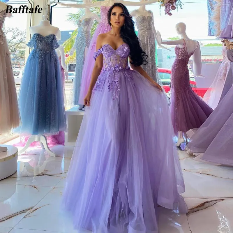 Abiti per feste Bafftafe Light Purple a Line Prom Off the Spalla Appliques Flower Women Flower Abito da sera Formale abiti da compleanno