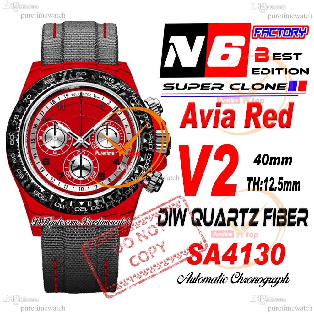 DIW Quartz Carbon SA4130 Cronógrafo automático Mens relógio N6F V2 AVIA BLATE RED DIAL NYLON STAP SUPER EDIÇÃO MESMO