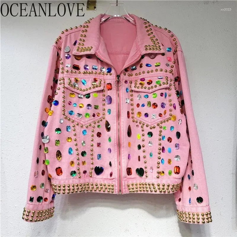 Vintage Beaded Denim Jacket Women's Korean Fashion Pink Jean Jacket,  Loose Spring Autumn Outerwear, Stylish Casual Top