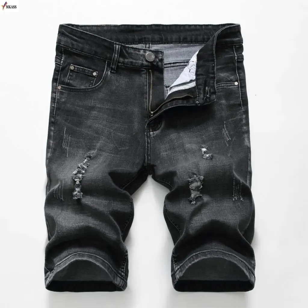 Summer Denim Shorts Men Stretch Slim Fit Short Jeans Mens Designer Cotton Casual Distressed Shorts Knee Length Black Denim Short
