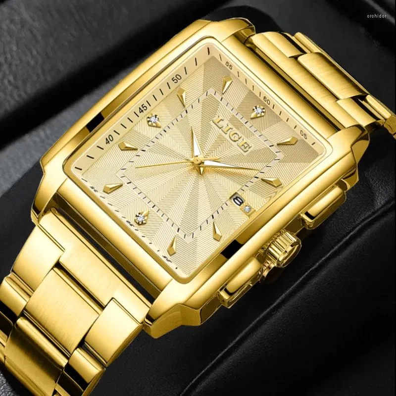 Armbandsur Relogio Masculino Lige Gold Watch Men Square Mens Watches Top Golden Quartz Rostfritt stål Vattentät handled