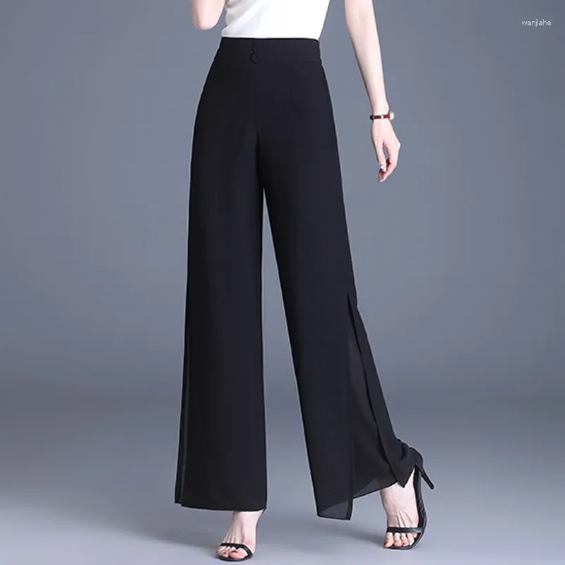 Frauen Hosen Sommer Chiffon Frauen Koreanische Mode Einfarbig Hohe Taille Breite Bein Weibliche Casual Schwarz Lange Hosen Qualität