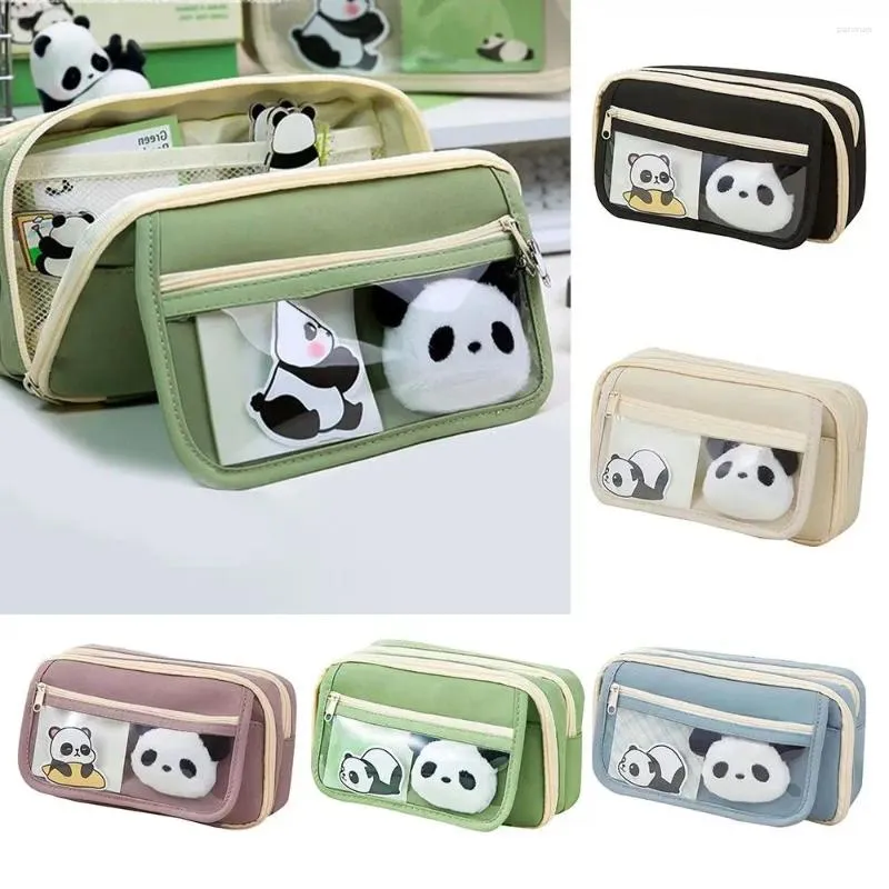 Canvas Pencil Case Creative Flip Cartoon Panda Pen Pouch Stora kapacitetsväska Studenter