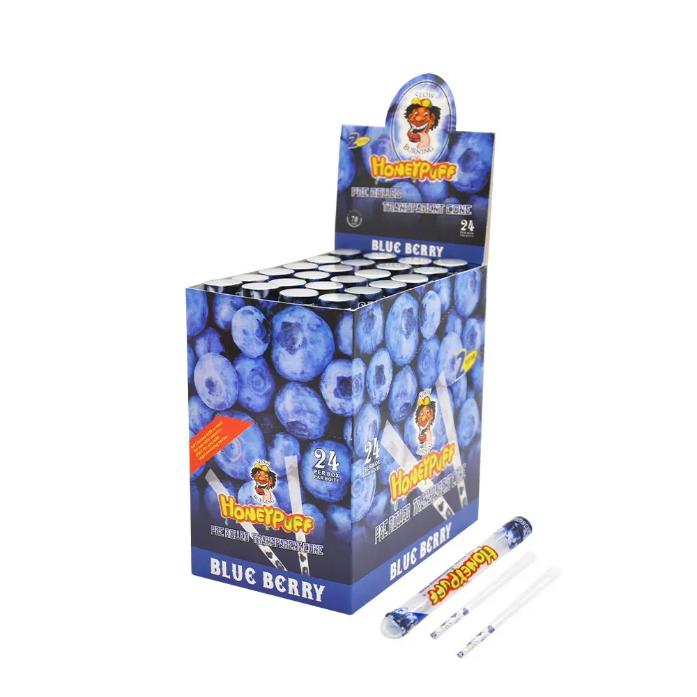 2021 Nuovo design Honeyypuff Fruit Sapore blu Berry Transparent Cone Air Pipe da 78 mm Filtro una scatola 24 Tubo ogni tubo 2 coni LL