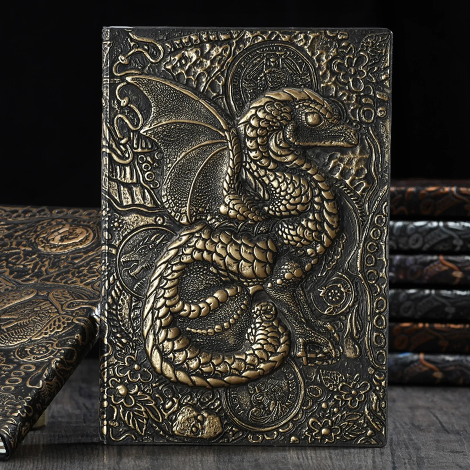 Notepads 3d Flying Dragon Journal Emed Writing Notebook Handmade Leather Cover A5 Notebooks Gift for Men Travel Thoughts Notes Poetry