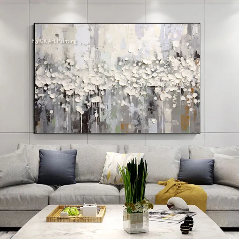 White Cherry Flower Oil Painting Large Wall Art Palette Knife Canvas Painting Beige Textured Art Painting Flower Painting On Canvas Handmade Art For Decor