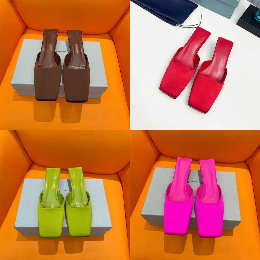 Kwaliteit top zijden vierkante tenen muilezels slippers lage hakken sandaal hakken damesjurk Designer Slipper dinerfeest schoenen met doos 4 cm roos geel zwart groen