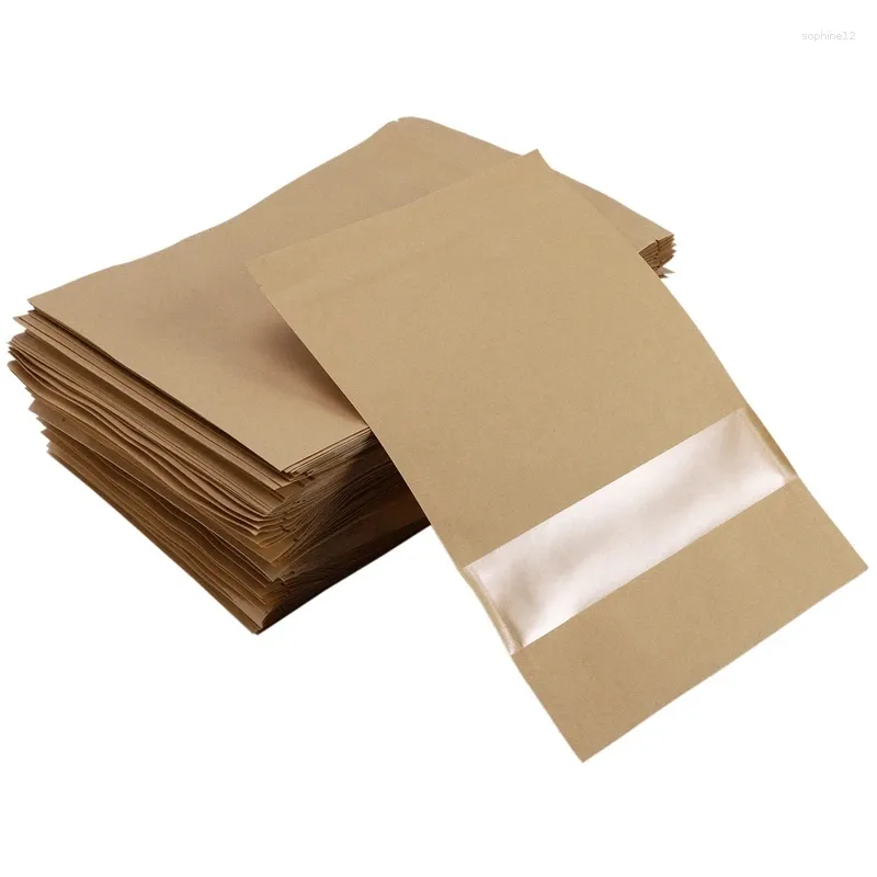 Geschenkverpackung 100pcs Brown Stand Up Kraftpapierbeutel mit klarem Fenster wiederverfestigter DOYPACK -Beutel Reißverpackung Reißverpackung