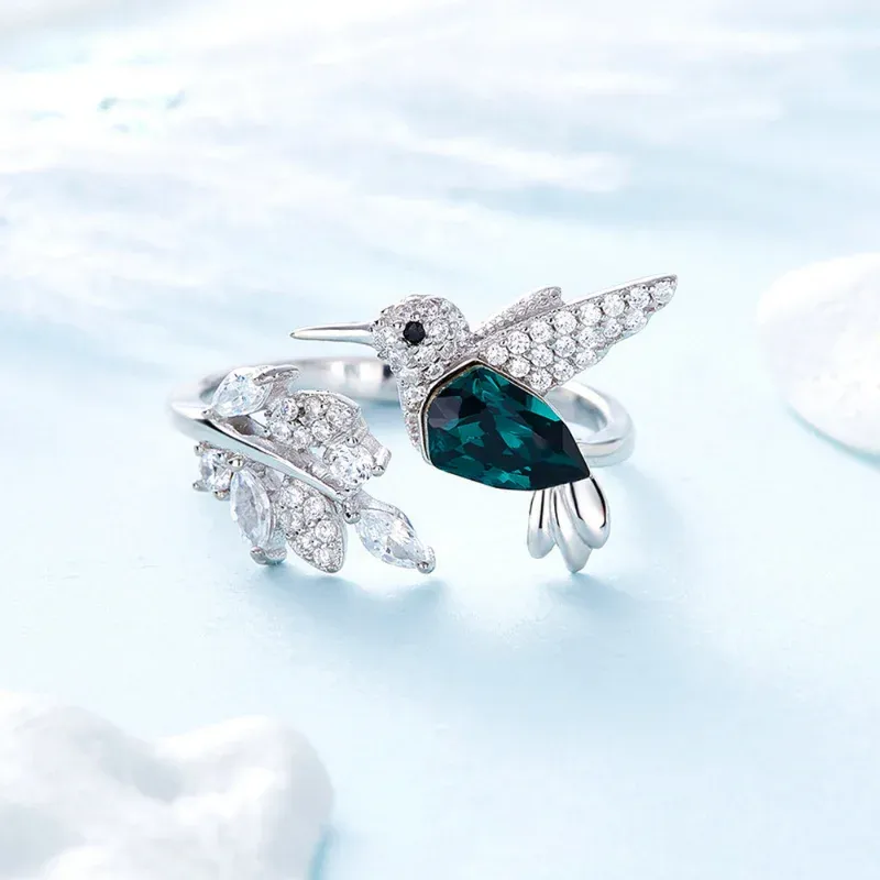 Hummingbird Flower Crystal Ring - Silver Animal Jewelry For Women & Girls