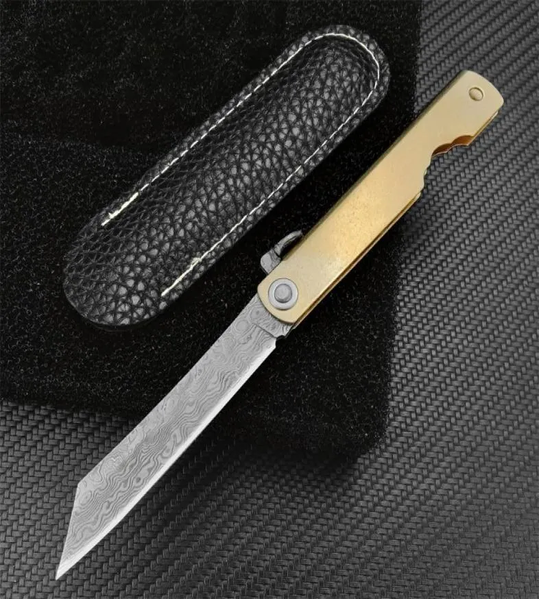 Japanska handgjorda Higonokami Mini Pocket Knife VG10 Damascus Blade Brass Satin Handle Collection Knives For Knife Lover Outdoor HU1888288