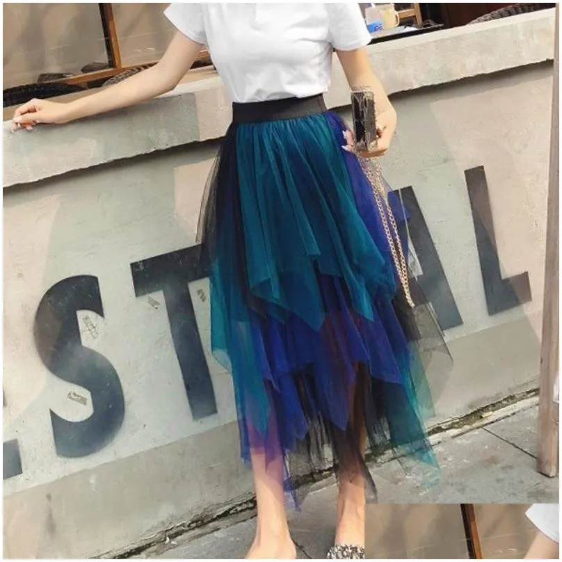 SETWIGG Spring Sweet Multicolor Tulle Patchwork Long Irregular Skirts Elastic Waist Aline Tiered Mesh Pleated Calf Long Skirts 210306