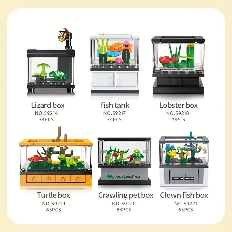 63pcs Turtle Ornemental Box Blocy Blocs Set Mini Fish Tank Series Assemble Bricks DIY Toys Education Kids Christmas Cadeaux