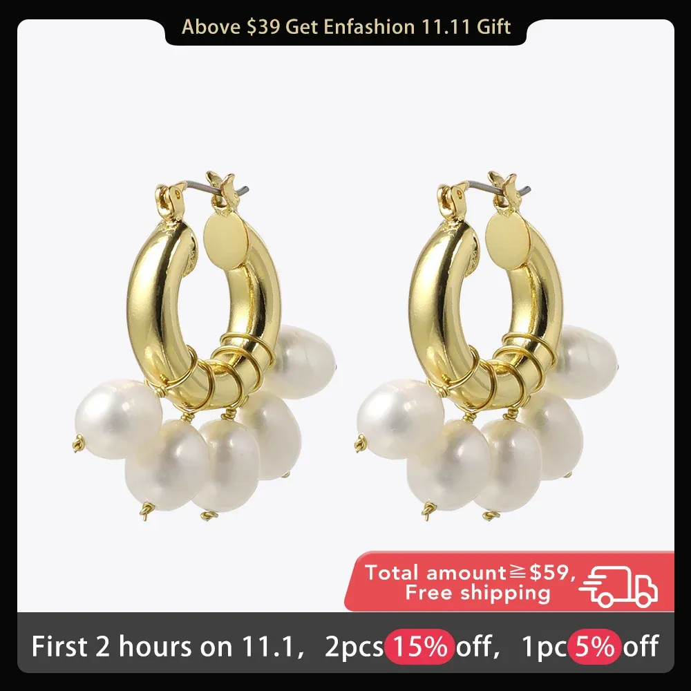 Earrings ENFASHION Natural Pearl Hoop Earrings For Women Gold Color Cute Small Circle Hoops Earings Fashion Jewelry Oorbellen E191117