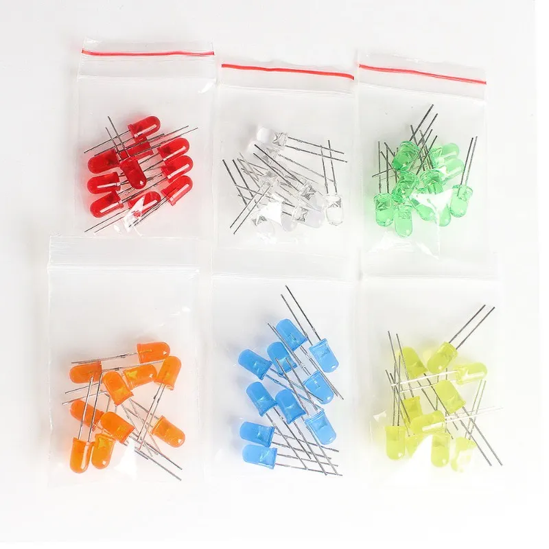 60-Pack 10mm Diffused LED Diodes - 6 Colors (Red, Yellow, Blue, Green, White, Orange)