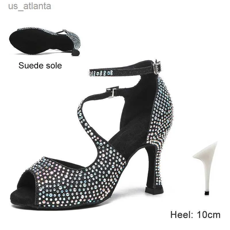 Dress Shoes DKZSYIM Latin Dance Womens Ballroom Tango Rhinestone High Heels Black/Silver/Gold Wedding H240403398E