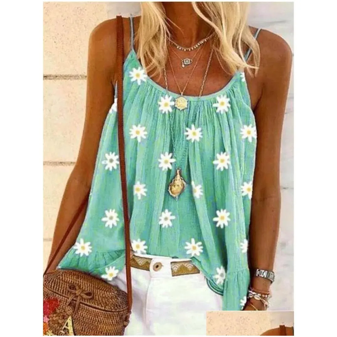 T-shirt da donna Sleeveless Sleet Shirt Boho Beach Female 2021 Summer Small Daisies Print Tops Cash Women Shirts Y Cint Tank Drop Dh4ja