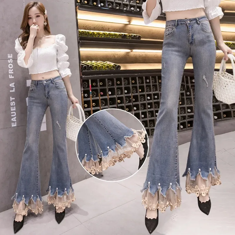 Pärlor Petal spets lapptäcke blossade jeans för kvinnor 2023 Autumn Skinny Fashion Bootcut Ankel längd Denim Mujer Pants Female 240403