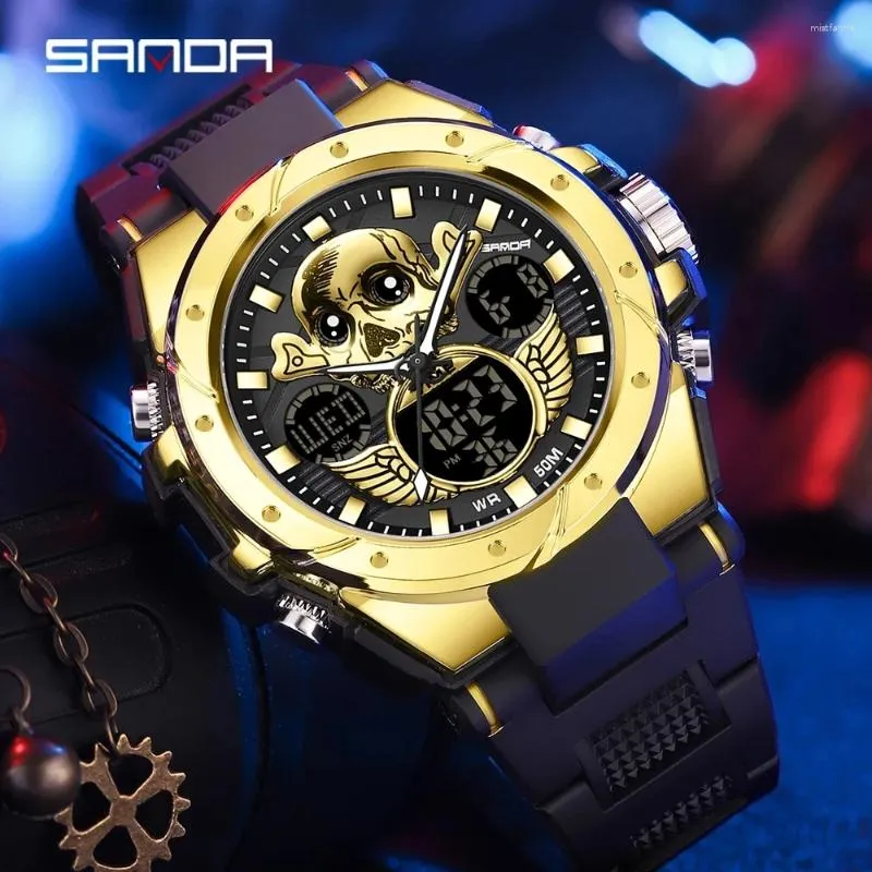 ساعة معصم جمجمة الكوارتز مشاهدة للرجال Sanda Fashion Luminous Men's Skelet Creative Watches Product Digital Sports Weaterprack