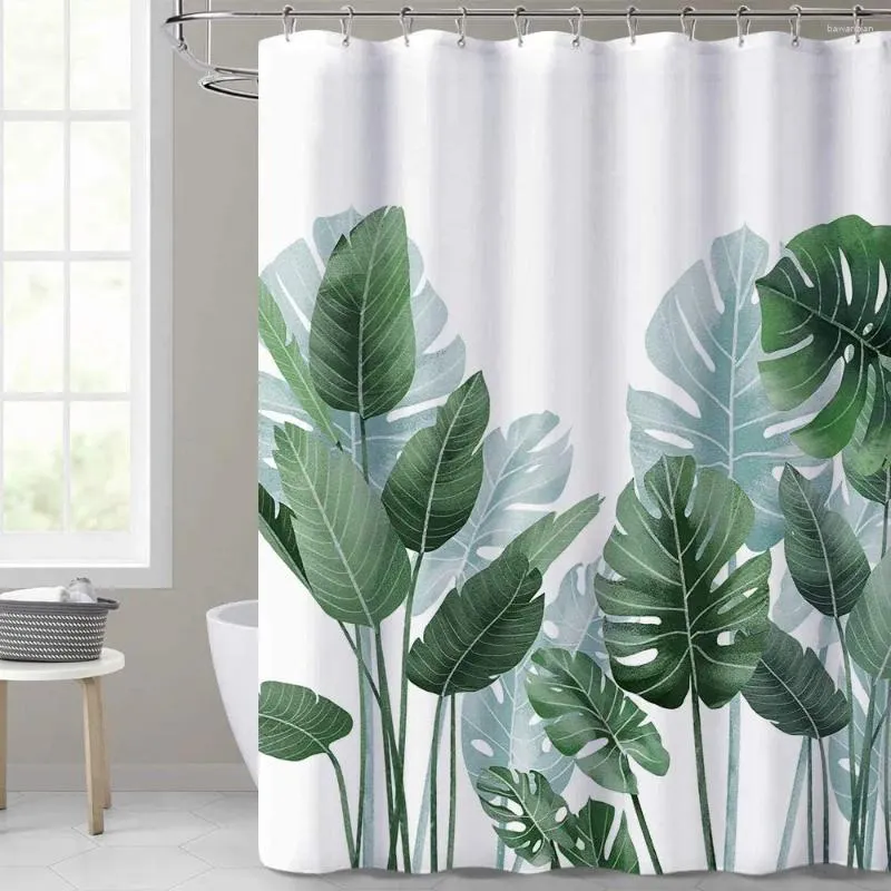 Shower Curtains Tropical Leaves Plant On White Background Odorless Curtain For Bathroom Showers And Bathtubs Hooks Included