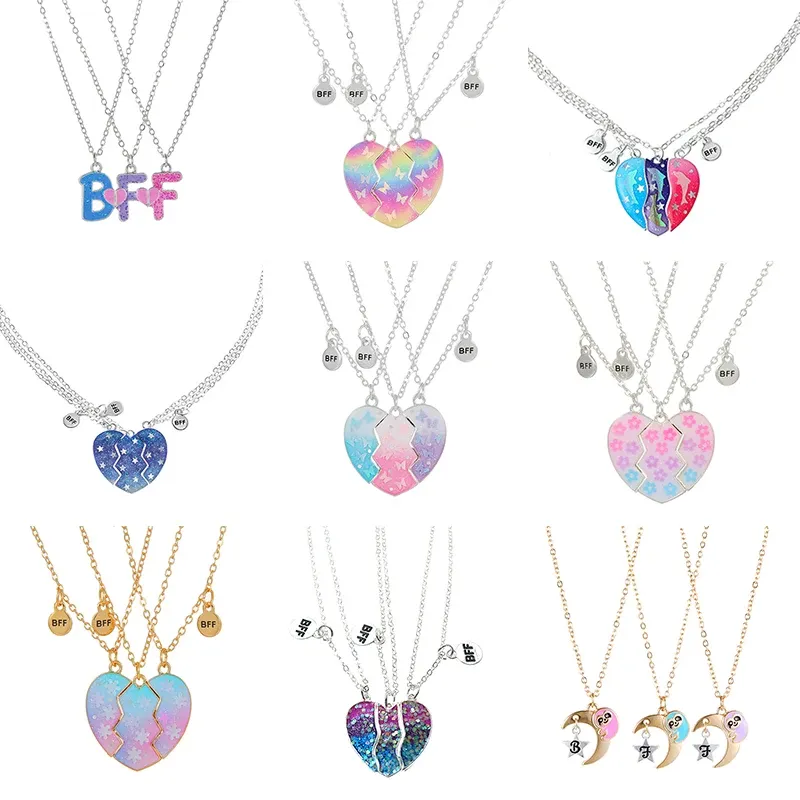 Pink Sequin Best Friend Heart Necklace Set For 3 - Split Heart Friendship Pendant For Women, BFF Gifts