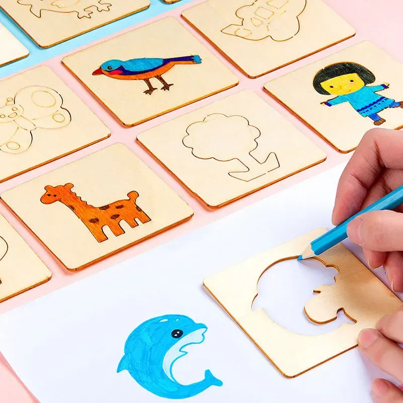 Set De 60 Pochoirs En Bois Pour Enfants - Motifs Animaux, Fruits, Légumes, éducatif Et Créatif, Pour Dessin Et Peinture