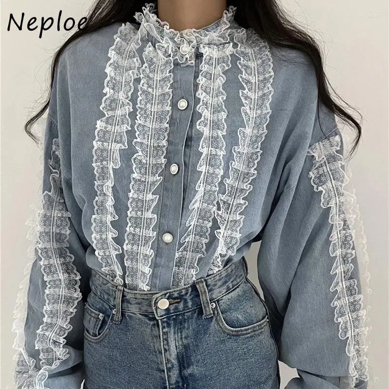 Jackets femininos Neploe Korean Lace Patchwork Denim 2024 Spring Manga Longa Mulheres Y2K O-Gobes Únicos Tops de Basos Mujer