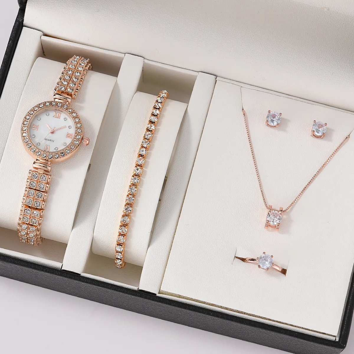 DHgate 6PCS Luxury Rhinestone Watch Jewelry Gift Set for Women Casual Wristwatch Bracelet Ring Necklace Earrings Set Silver Watches