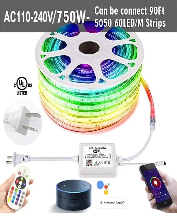 Tiras de led kits de luzes wifi 110v220v rgb 5050 à prova dwaterproof água leds fita corda luz para casa ao ar livre funciona com música tempo app contro1937771