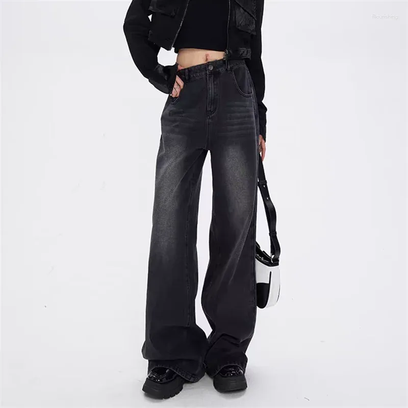 Женские джинсы Черно -серые мешковатые винтажные американские улицы с высокой талией.