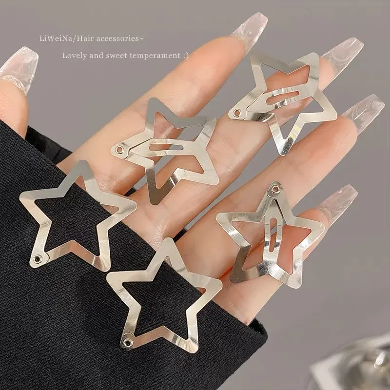 2/50 stcs Y2K Silver Star Hair Clips voor meisjes Filigraan Star Metal Snap Clip Haarspelden Haar sieraden Nickle Free Bobby Pin