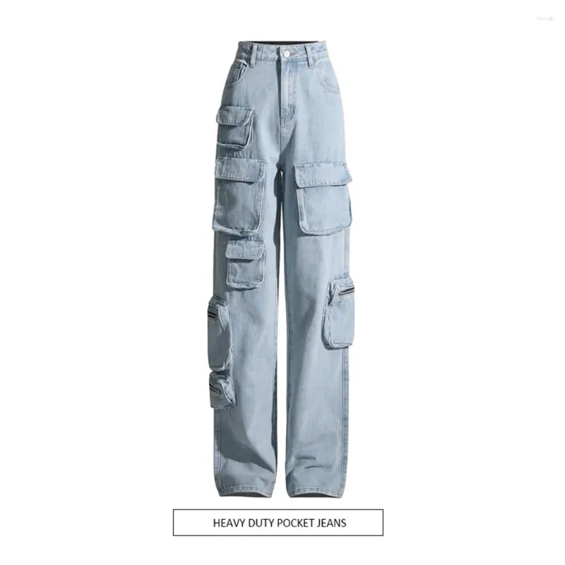 Women's Jeans Light Blue Washed High Waisted Workwear For Autumn/winter 2024 Fashion Zippered Large Pocket Pants