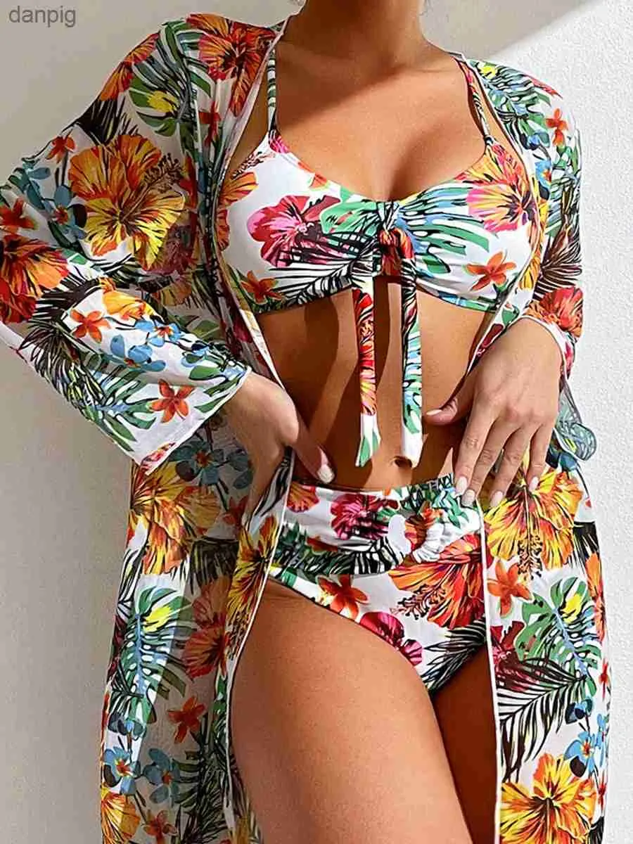 Swimwear's Swimwear Floral Knot Front Bikinis 2024 Women Long Slve 3 pezzi da bagno femminile da bagno alta costume da bagno sexy da bagno sexy estate y240402