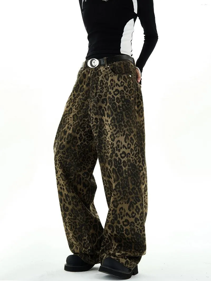 Calças de brim femininas retro perna larga baggy denim casual estética leopardo impressão cintura alta 2024 primavera moda calças soltas