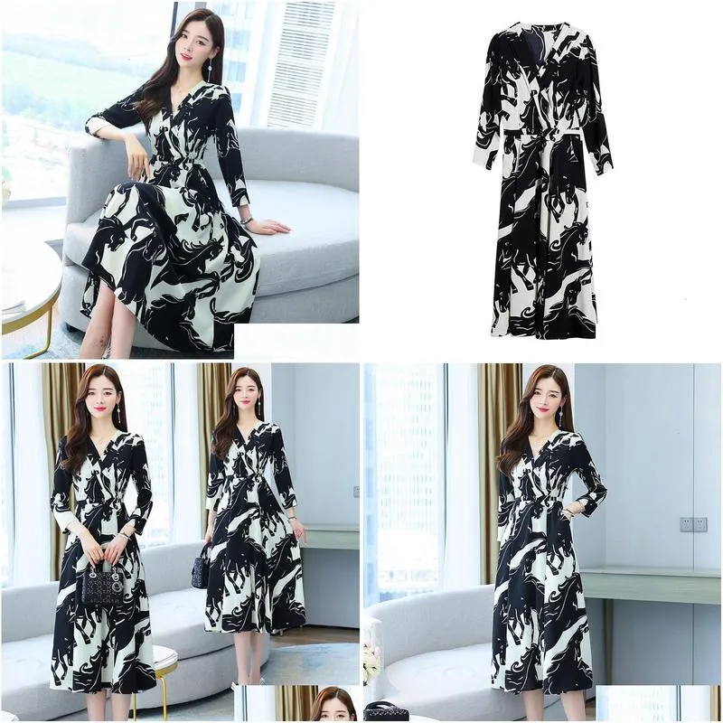 Basic Casual Dresses Evfer Women Spring Autumn Horse Print High Waist Za Long Dress Female Fashion Turn-Down Collar Animal Shirt 21042 Dhsmz