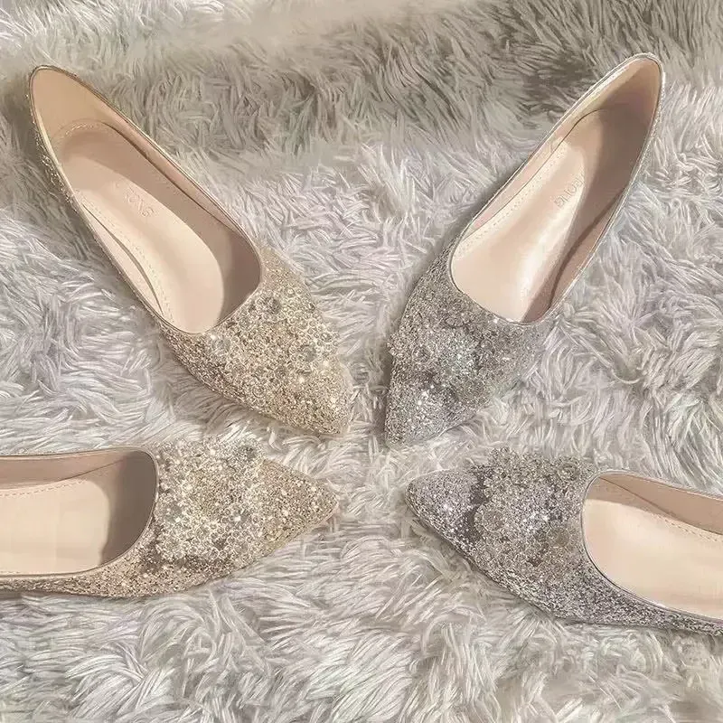 Flats Silver Mixed Color Flats Wedding Shoes Women Shine Slip on Ballerina Shallow Loafers Elegant Bridesmaid Ballet Shoes Plus Size