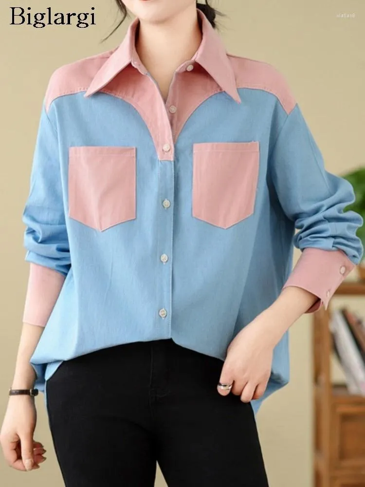 Blouses pour femmes Denim printemps chemises manteaux femmes imprimer Patchwork mode à manches longues décontracté dames lâche plissé femme hauts