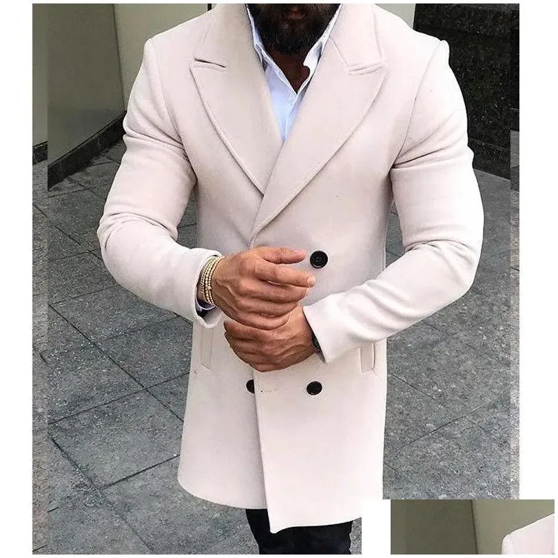남성 양모 블렌드 패션 남자 겨울 따뜻한 코트 옷깃 아웃복 오버 코트 긴 재킷 피코트 코트 드롭 배달 의류 의류 OUTERWEA DHBUZ