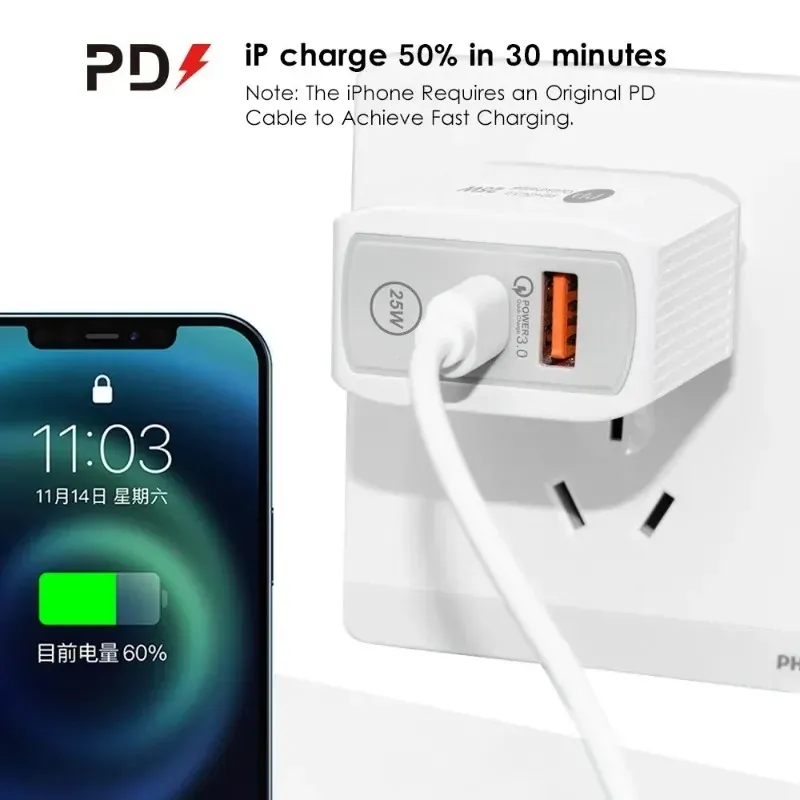 شاحن USB 25W PD لـ iPhone X 7 8 11 12 13 Pro Max Fast Charger Type C for Samsung A12 A13 A52 A53 A73 Quick Charge Adapter