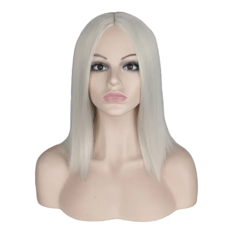 Peruker qqxcaiw kort bob peruk rak sliver vit blond cosplay party dräkt hög temperatur fiber syntetiska hår peruker