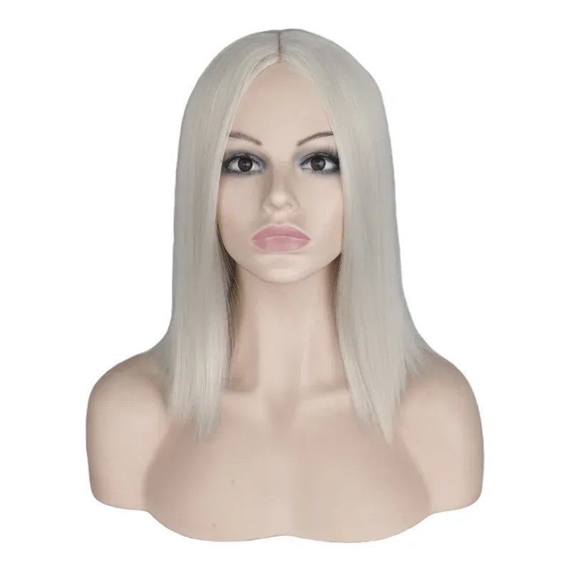 Wigs QQXCAIW Korte Bob Wig Straight Sliver White Blonde cosplay feestkostuum Kostuum hoge temperatuur vezel synthetische haarpruiken