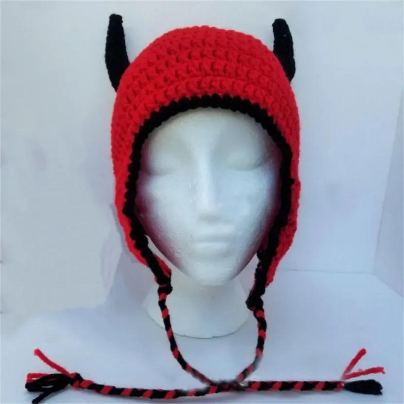 DHgate.com:Y2K Devil Horn Knitted Beanie: Earflap Cap for