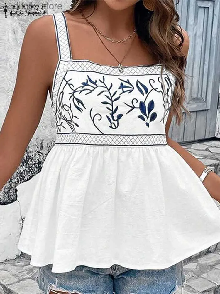 Kvinnors tankar Camis Zanzea Kvinnor Sexig tryckt Camis -skjorta italienska band 2024 Summer Holiday Tank Top Casual Ruffled fyrkantig halsringning Ruffled Edge Shirt Y240403