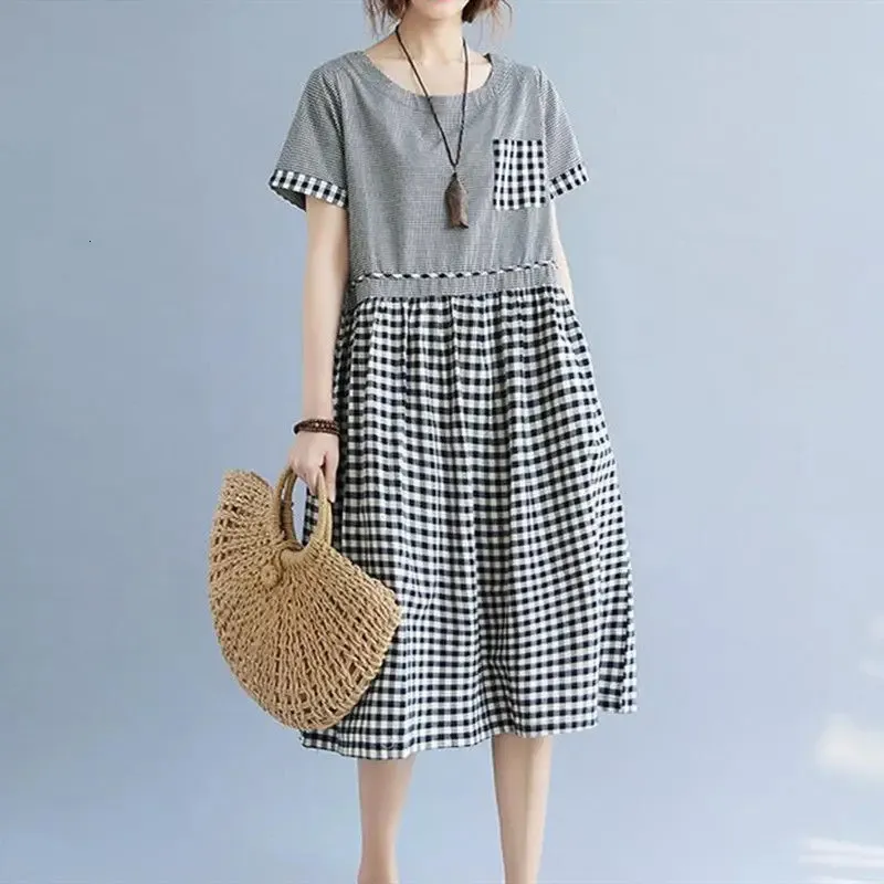 2023 Vintage Mori Girl Style Plaid Patchwork Midi Dress Summer Short Sleeve Casual Aline oneck Fashion Pockets Folds jurken 240403